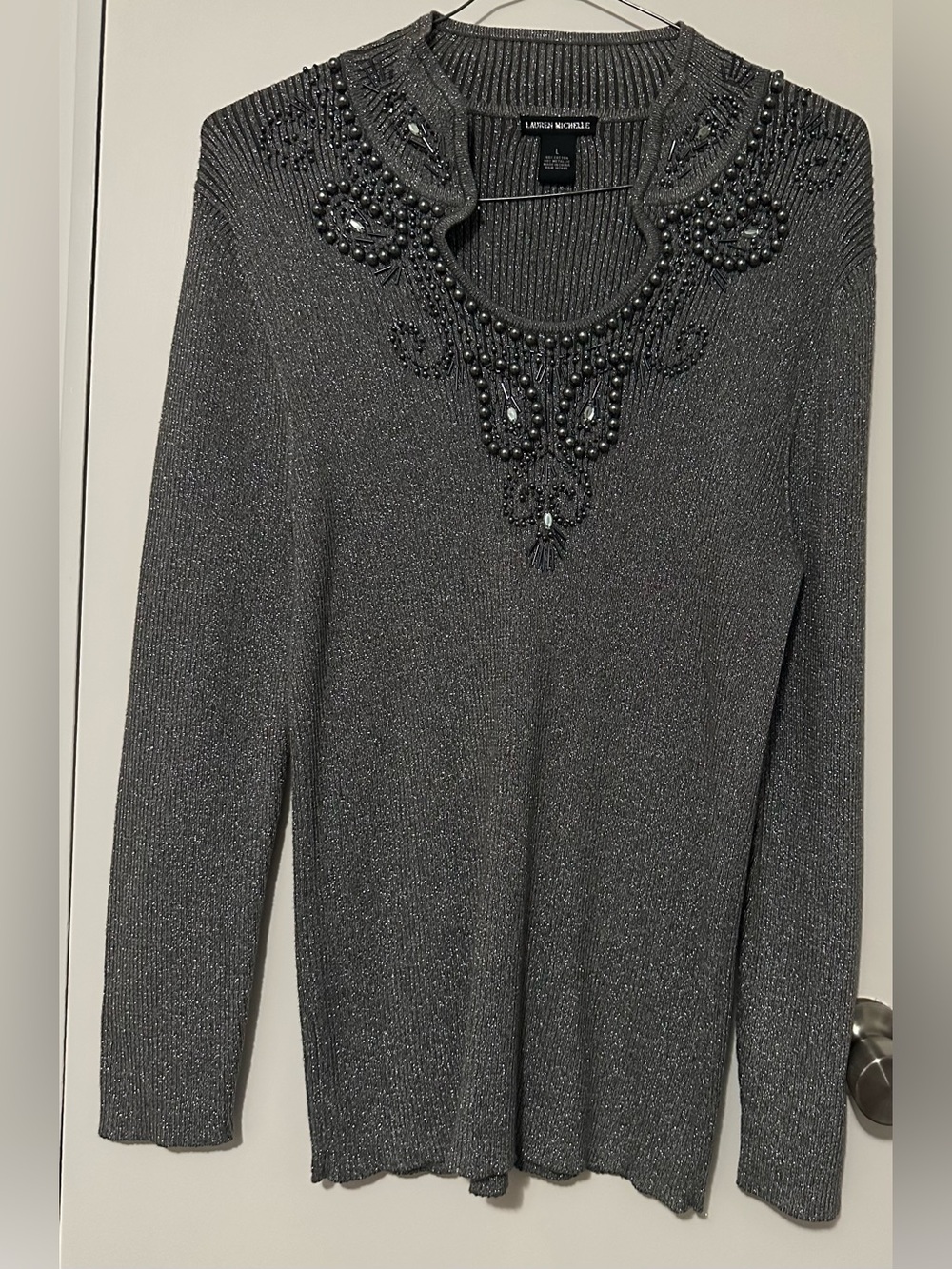 LAUREN MICHELLE Womans Sweater Sz L, Gray Metallic Beaded Long-Sleeve Pull Over